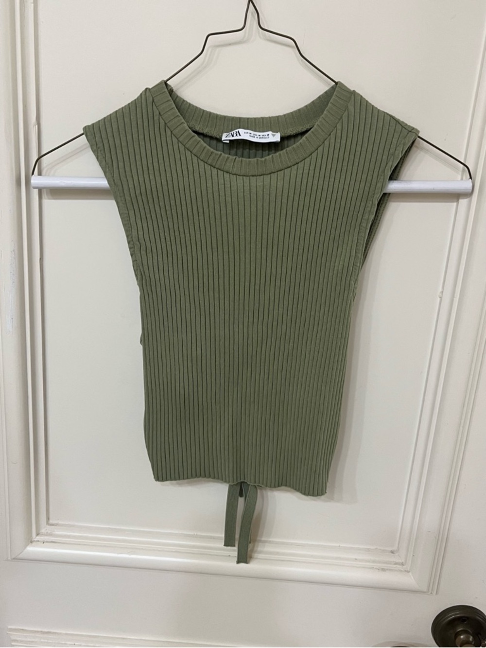Zara Olive Ribbed Sleeveless Tie-Back Crop Top M